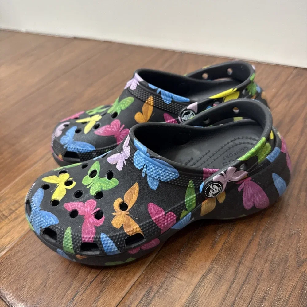 Crocs Classic Platform Butterfly Clog Black Rainbow Womens W7 Novelty RARE Water